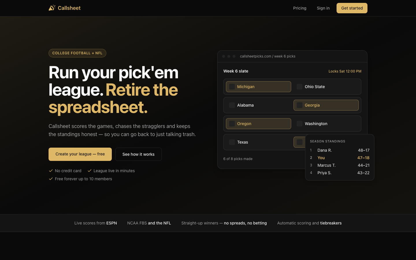 Callsheet landing page showing a week 6 slate and season standings