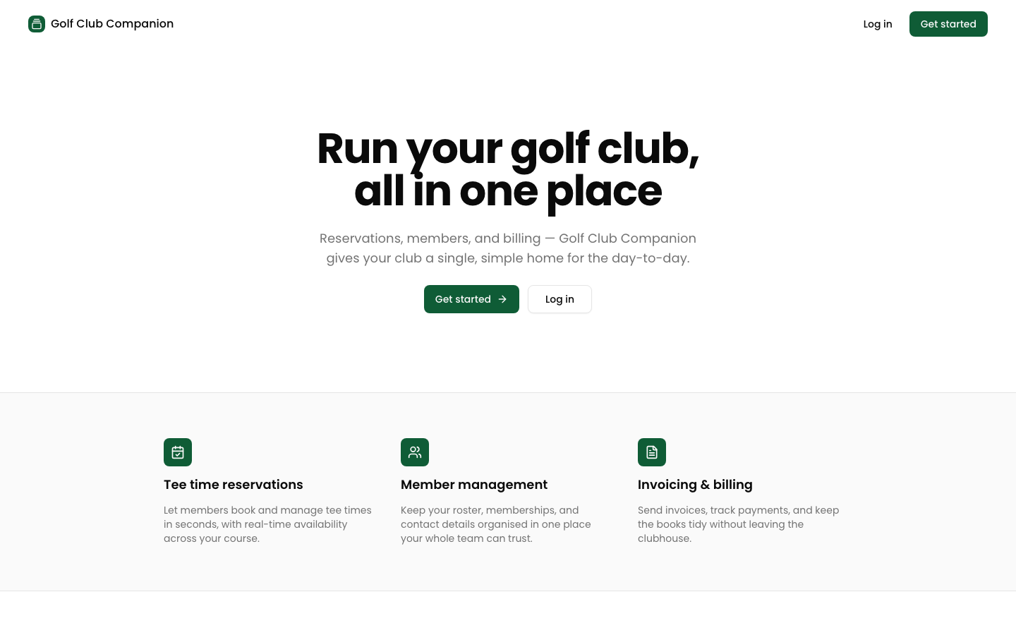 Golf Club Companion landing page with tee time, member, and invoicing features